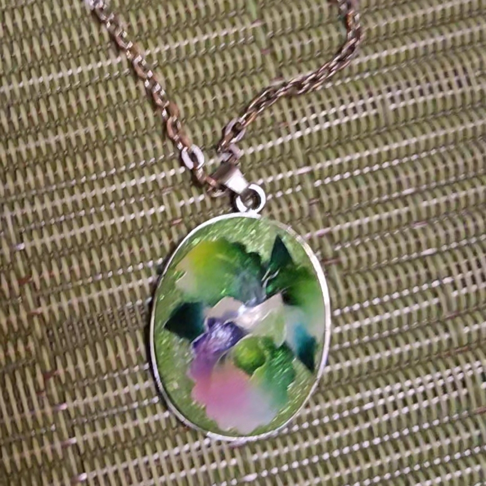 Green Hues Cloisonne Pendant Necklace with Delicate Chain